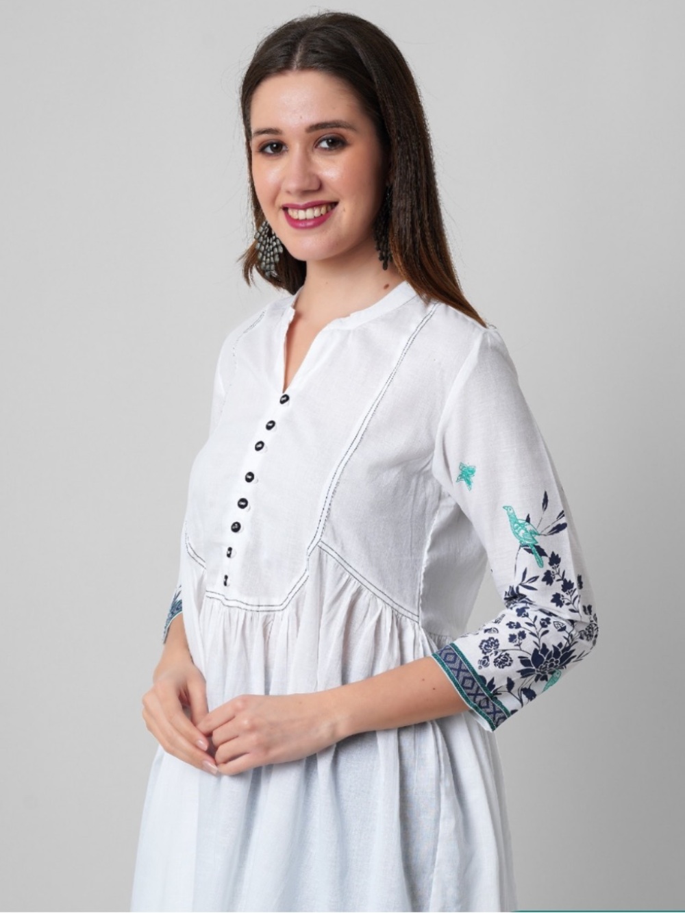Anouk Floral Bird Print Sleeve Top — White with Teal & Navy, Small/ Oversize